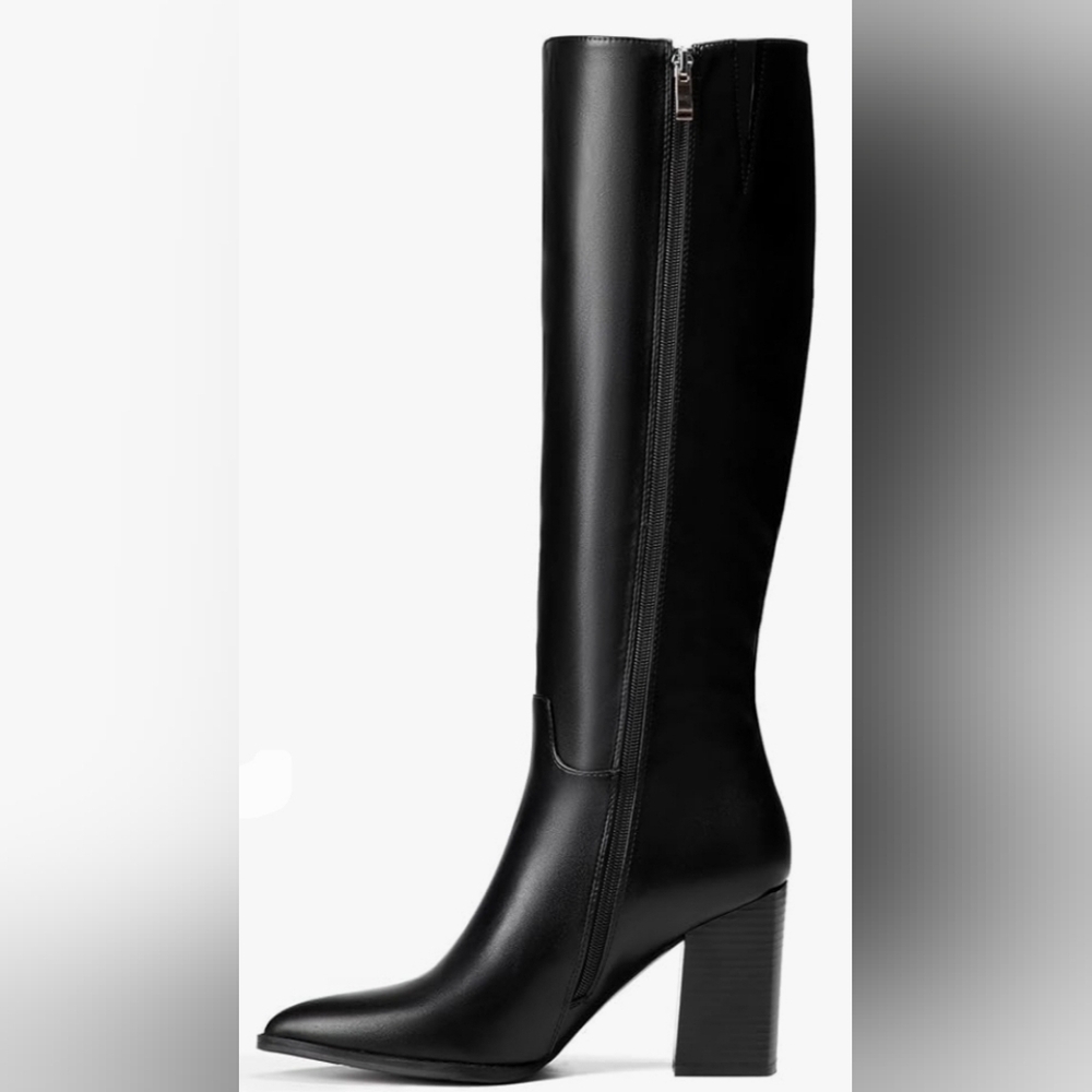 vivianly Women's Wide Knee-High Boots, Pointed Toe Block Heel Zipper, Fashion - Picture 2 of 7